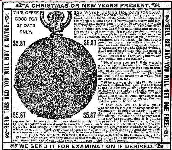 Original R.W. Sears watch advertisement from 1888